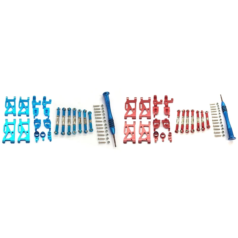 

2Set For Wltoys 1:14 144001 RC Car Upgrade Parts Metal Steering Swing Arm Base C Rear Hub Seat Servo Pull Rod,Red & Blue