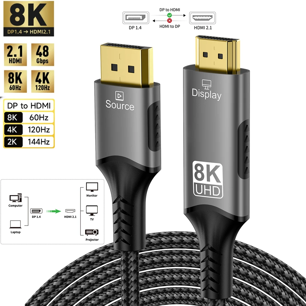 Кабель 8K DisplayPort-HDMI совместимый с @ 60 Гц 4k 120