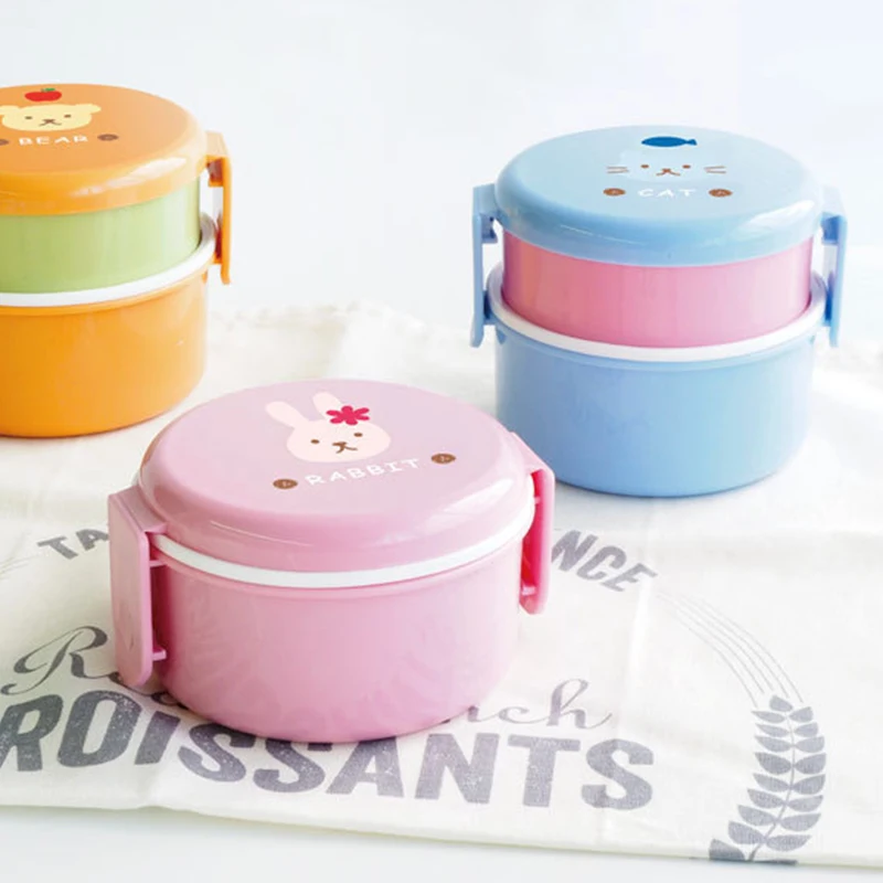 

540ml Animal Lunch Box Japanese Double-layer Round Mini Bento Box Children's Fruit Box Snack Box Microwave Kids Lunch Box