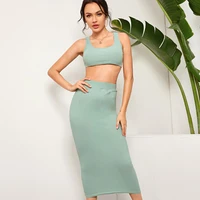 2022 woman maxi skirts green crop tank tops sexy slim bodycon spring summer beach bandage high waist casual pencil long skirt xl