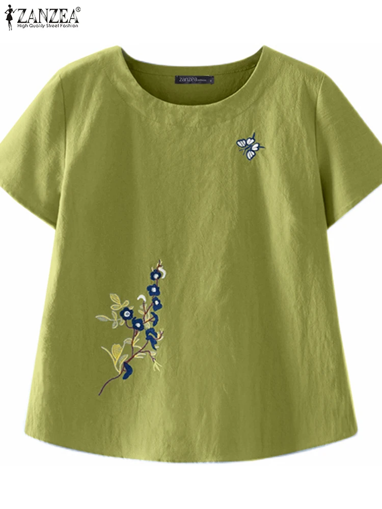 

Women Round Neck T-shirts ZANZEA 2023 Summer Casual Cotton Short Sleeve Flower Embroidery Solid Tops Holiday Simple Blusas Tees