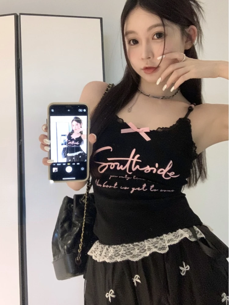 Женский Кружевной укороченный топ повседневный облегающий черный с принтом в