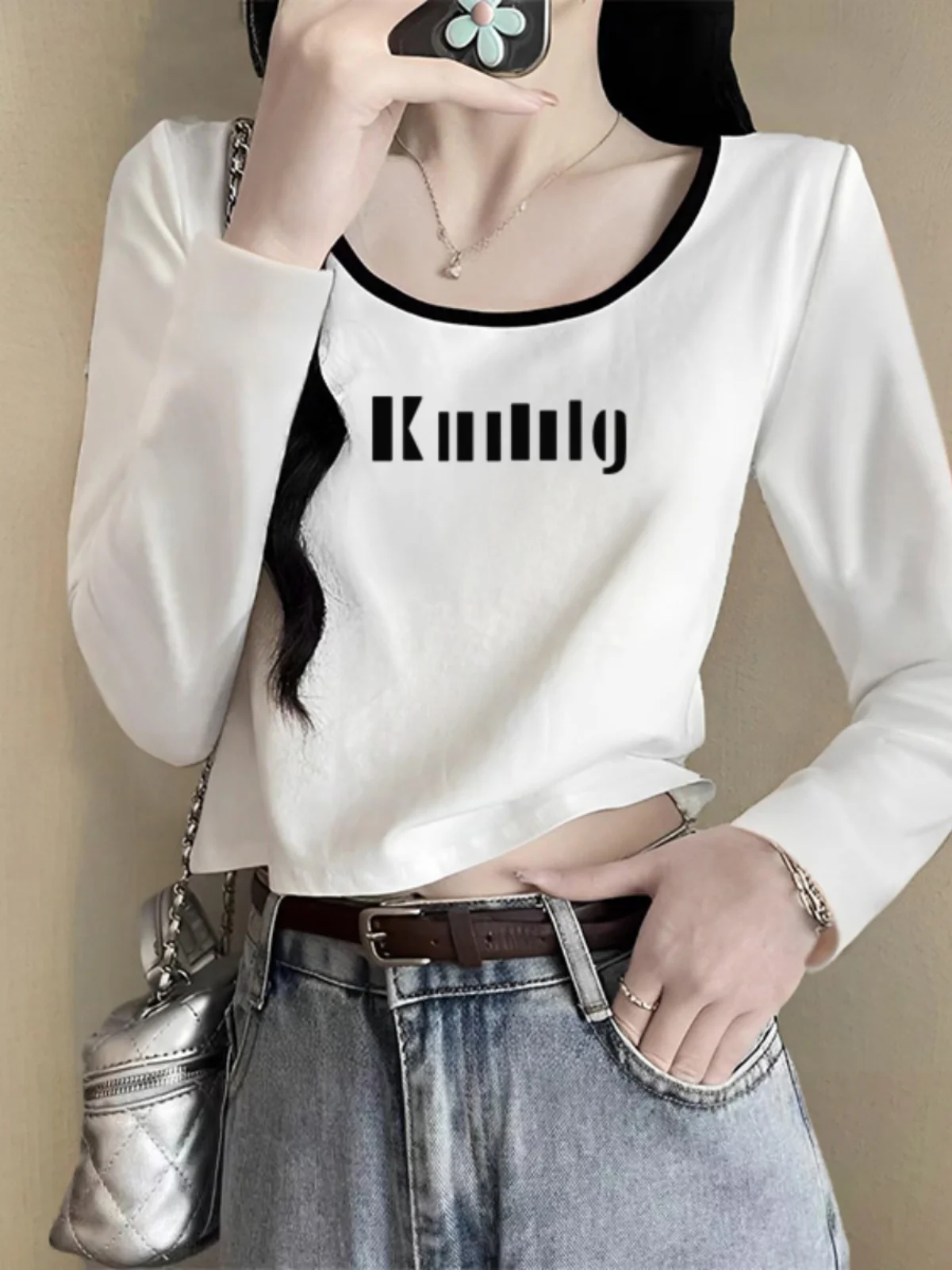 Pure Cotton Bottoming Shirt Women Autumn and Winter Inner wear Can Be Worn outside White Long sleeves High-Grade Short ...