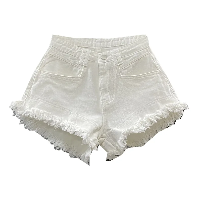 

White High Waisted Denim Shorts for Women with Fringed Edges A-line Wide Leg Pants Korean