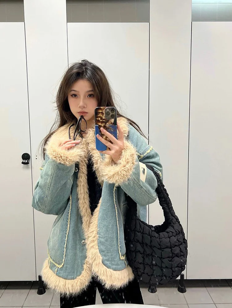 

Винтажная синяя джинсовая куртка в стиле пэчворк 2023, женский зимний утепленный Свободный Топ для студентов, подходящий ко всему