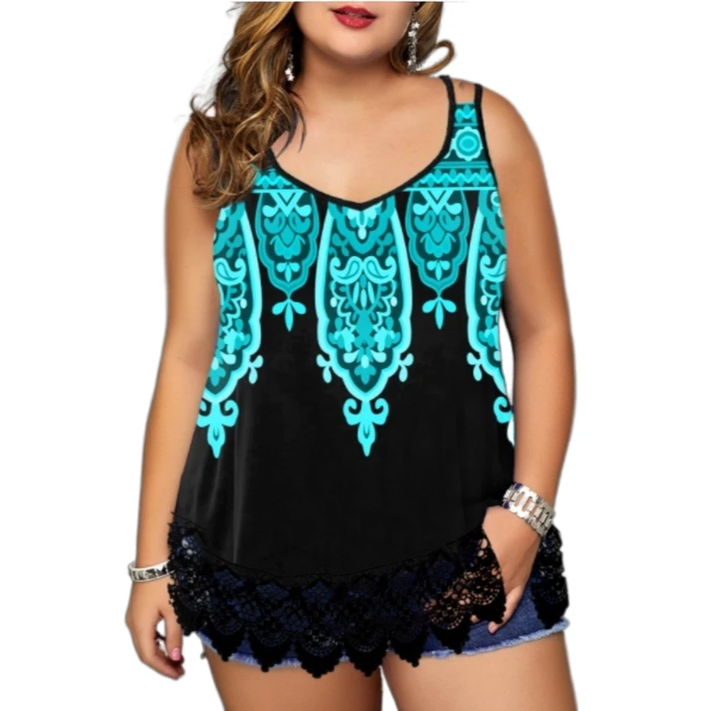 Plus Size Big Tops Large Size Tie-Dye Printed Lace Stitching Spaghetti-Strap Camisole Basic Sleeveless Tops Women Custom T Shirt