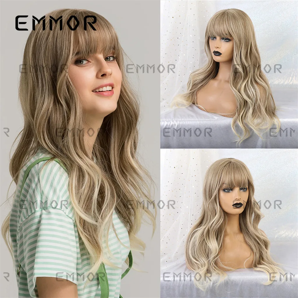 

TINY LANA Long Ombre Brown Blonde Body Wavy Synthetic Wigs with Bangs for Women Daily Natural Hair Cosplay Heat Resistant Wigs