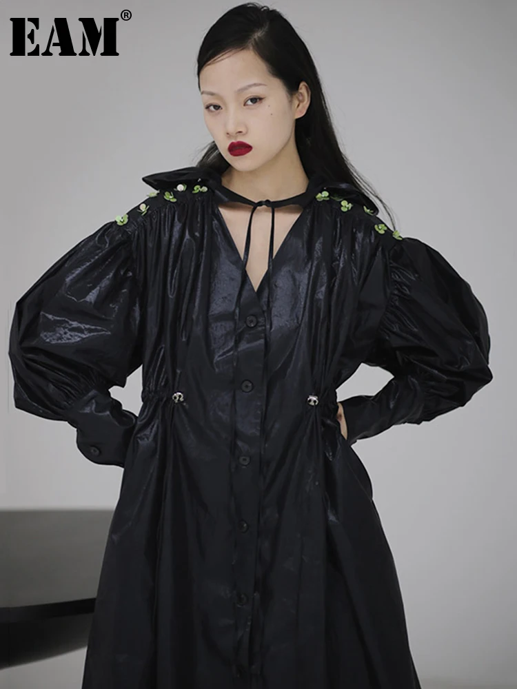 

[EAM] Women Asymmetrical Pleated Sequins Big Size Dress New V-Neck Lantern Sleeve Loose Fit Fashion Spring Autumn 2022 1S719