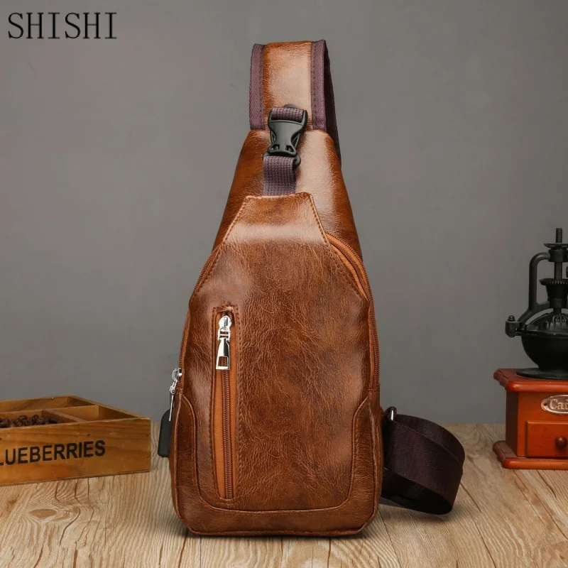 New Vintage Chest Pack Bag Business Men Fashion PU Leather Crossbody Sling Messenger Bags Big Capacity Male Shoulder Bag