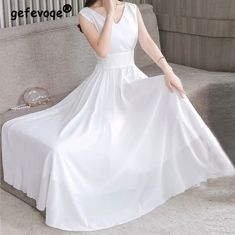 

2022 Summer Elegant Fashion V Neck Lace Up Slim Fit Party Long Chiffon Dresses for Women Solid Sleeveless Tunic Maxi Dress Robes