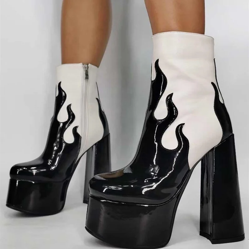 Beautiful Pink Black Contrast Color Platform Women Boots High Chunky Heel Ankle Boots Winter Shoes Big Size 47