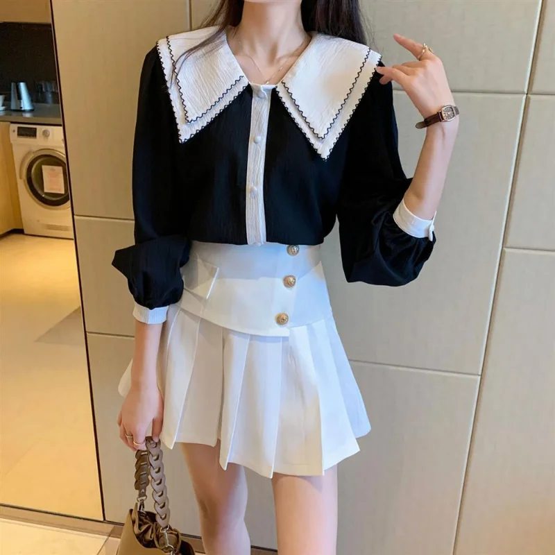 2022 Spring New Contrast-Color Doll Collar Long Sleeve Fashion Blouse Korean Woman Roupas Femininas 3XL Chiffon Blouse Women's enlarge