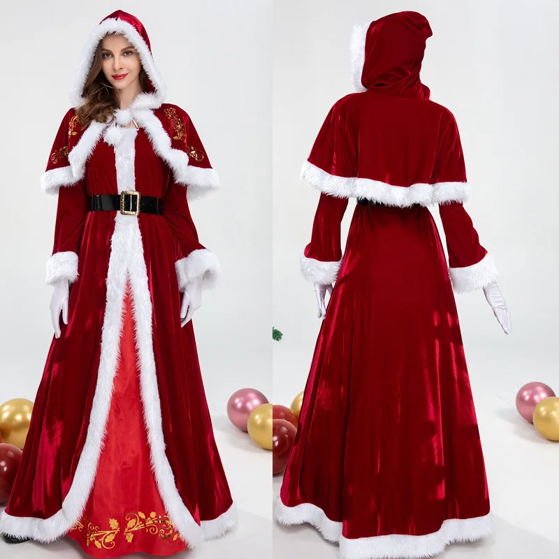 

Deluxe Classic Mrs. Claus Christmas Cosplay Costume Women Xmas Hats Santa Claus Red Dress Cloak Carnival Party Furry Dresses