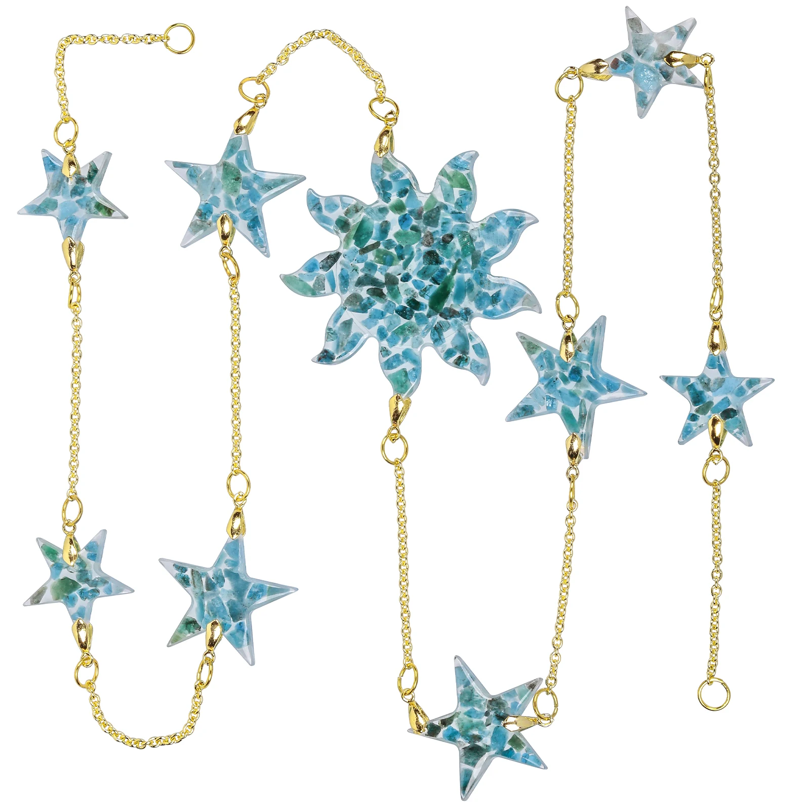 Sun Star Garland Resin Hanging Ornaments Natural Crystal Chips Mineral Gemstone Craft Golden Chain For Photo TV Wall Room Decor