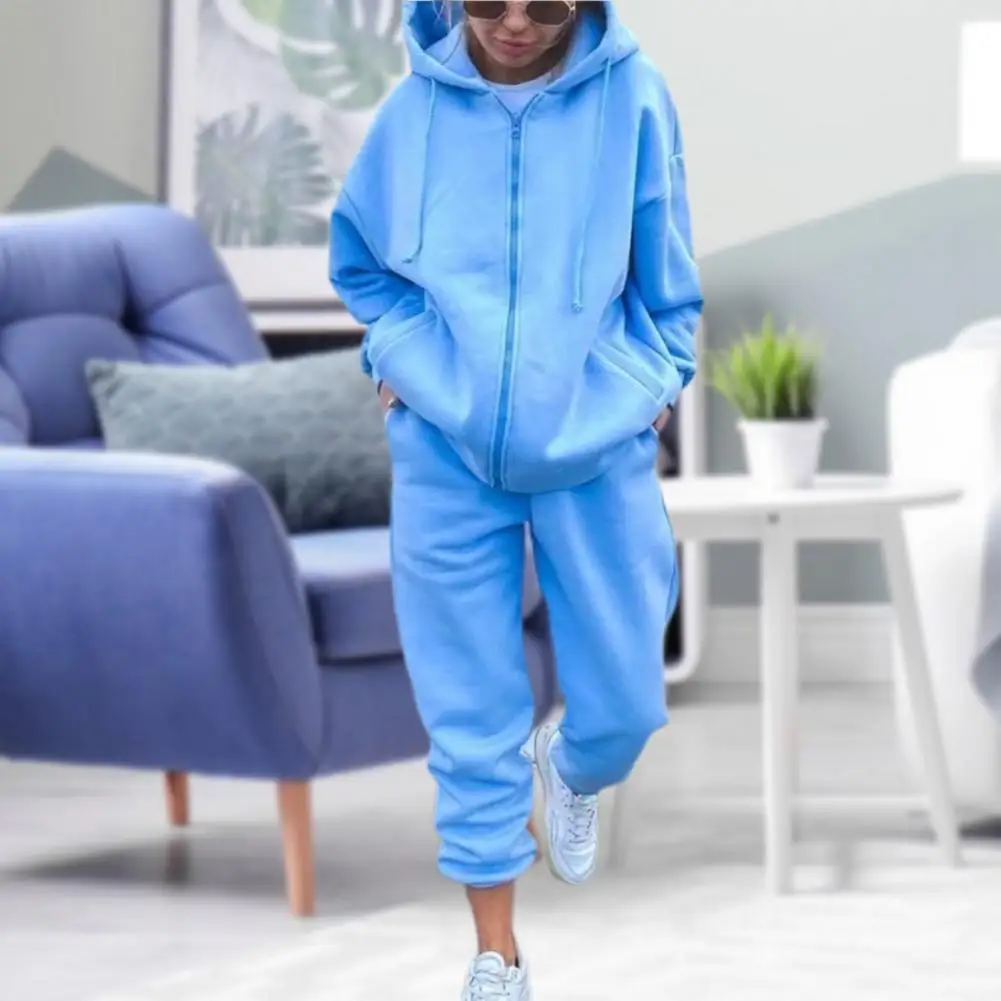 

Женский модный однотонный свитер с капюшоном на молнии с открытым спереди пальто с эластичным поясом защитные брюки для ног комплект из двух предметов