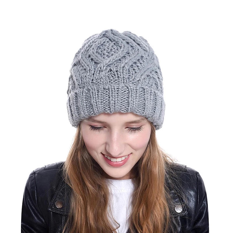 

Female Autumn Winter Hats For Women Geometric Wool Knitted Hat Solid Handmade Beanie Cap Gorros Mujer Invierno Female Bonnet