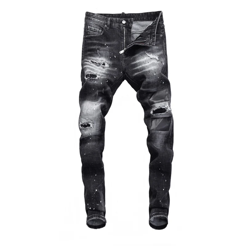 Street Fashion Men Jeans Retro Black Gray Elastic Slim Fit Ripped Jeans Men Leather Patch Designer Hip Hop Brand Pants Hombre