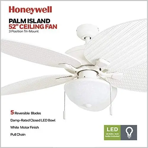 

Breeze, 52 Inch Tropical Indoor Outdoor Ceiling Fan with Light, Pull Chain, Three Mount Options, Weather Resistant Blades - 5051