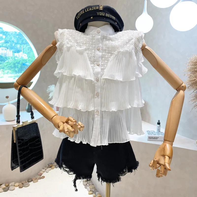 

New Women's Clothing 2022 Summer Sweet layers ruffles hook flowers hollow out Lace Splicing sleeveless shirt Top blusa feminina