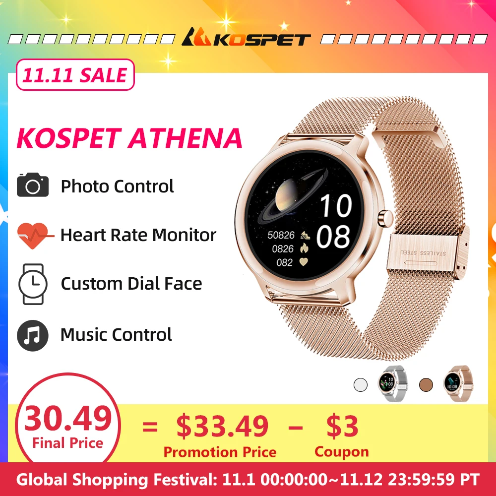 

New KOSPET ATHENA Fashion Smartwatch Black IP67 Waterproof Blood Pressure Oxygen Sleep Monitor Silver Gold Smart Watch for Women