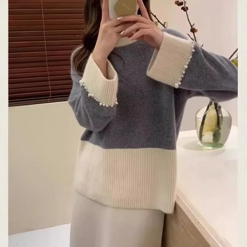 Винтажный свитер с цветными блоками женский дизайн чувственный рукав