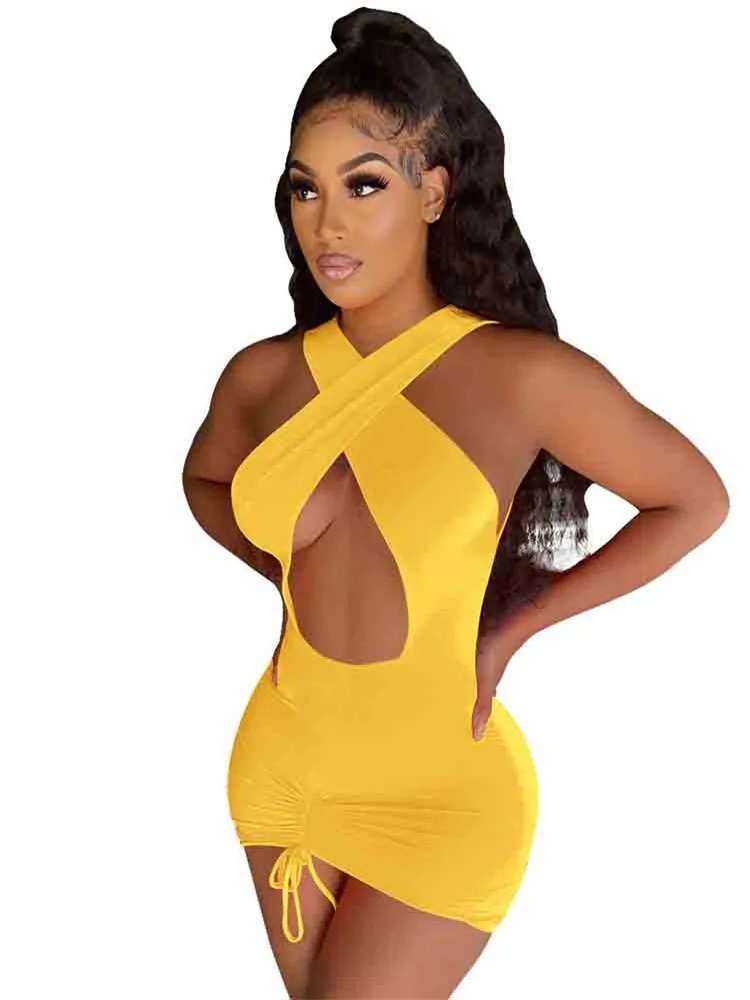

Szkzk mini summer dress women 2022 Streetwear hollow out Shirring lacing Sleeveless spaghetti strips Sexy Bodycon Dresses