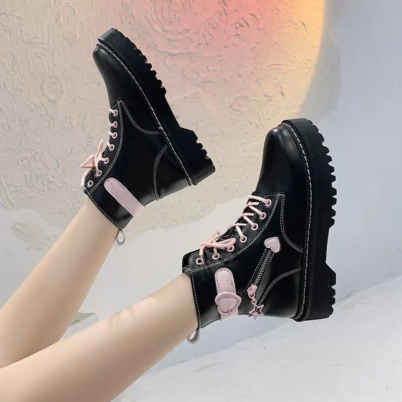 

QWEEK Lolita Japanese Kawaii Pink Black Martin Boots Short Love Shoes 2021 New Platform Wild Thick-heeled Rubber Wedges Shoes