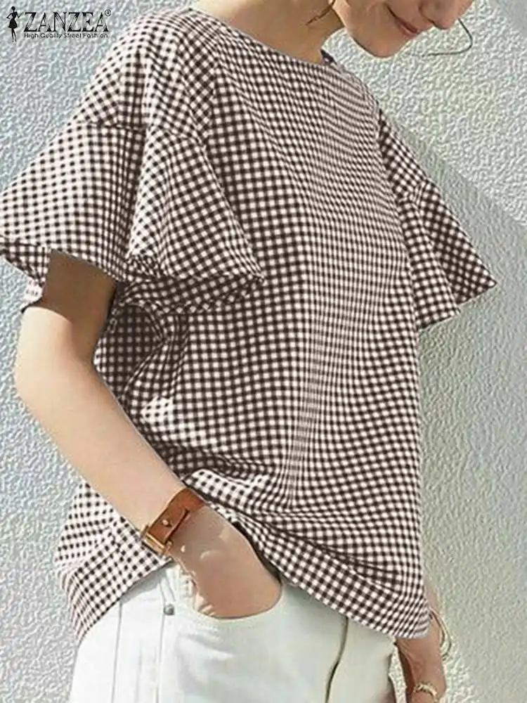 

Women Summer Shirt Vintage Plaid Checked Blouse ZANZEA Short Flare SleeveTops Elegant Work OL Tunic Blusas Beach Chemise Overize