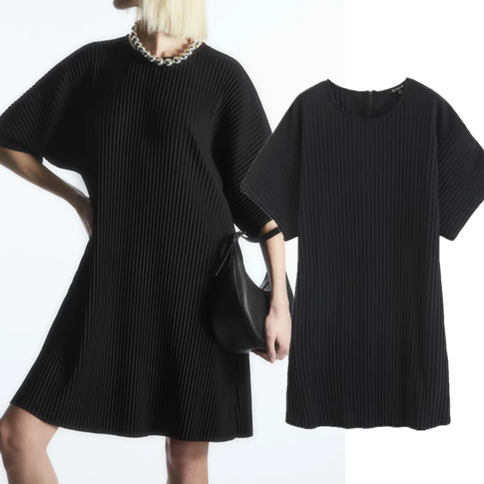 

Elmsk, Британская мода, женское плиссированное платье, черное свободное мини-платье с круглым вырезом, женские длинные топы