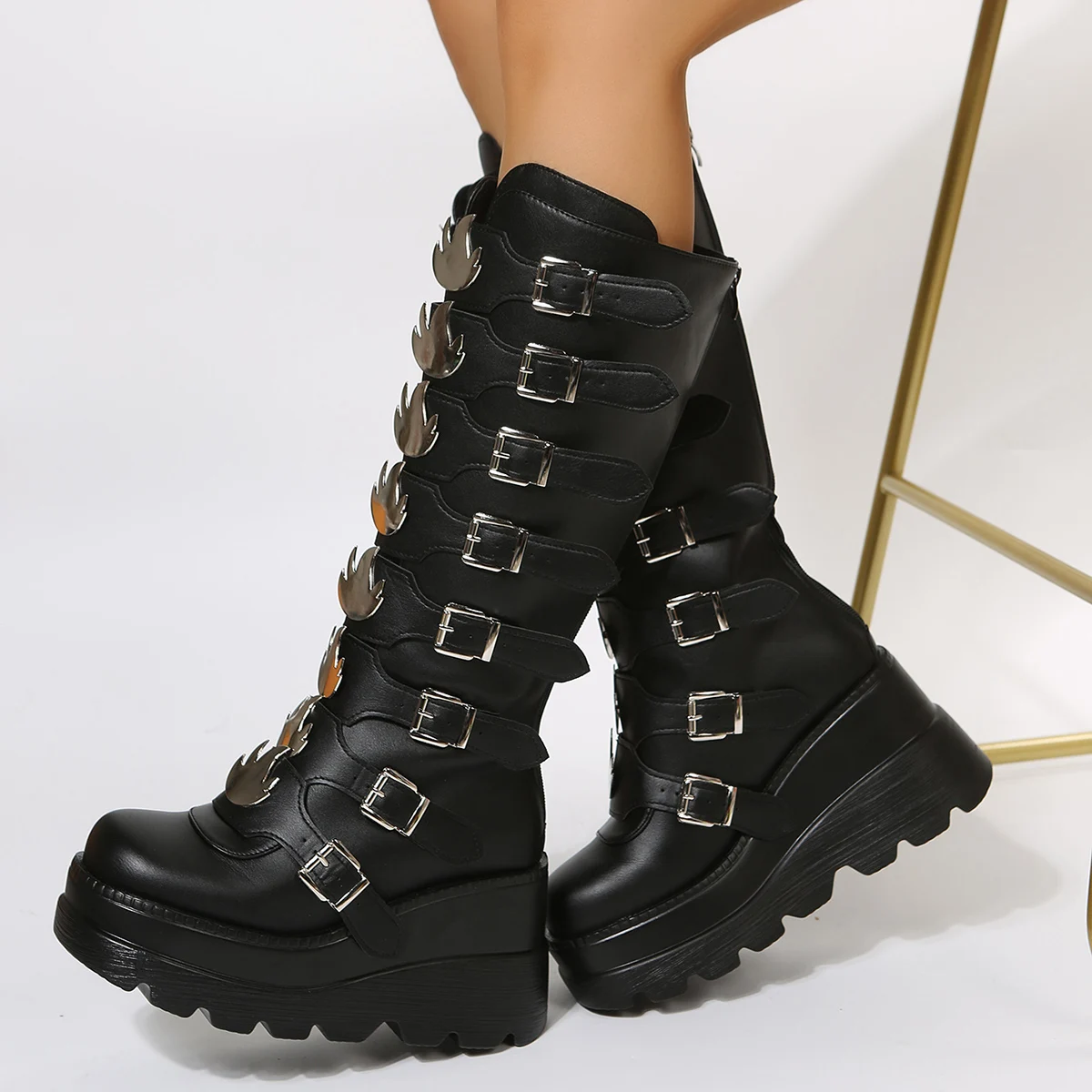 Punk Style Brand Ladies Motorcycle Boots Black Fashion Wedge High Heel Shoes Autumn Winter Gothic Demonias Platforms Woman Boots