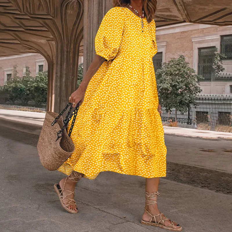 Купи Summer 2022 Women's Casual Short Sleeve Yellow Dot Print Loose Ruffle Dress Bubble Sleeve Beach Dress за 615 рублей в магазине AliExpress
