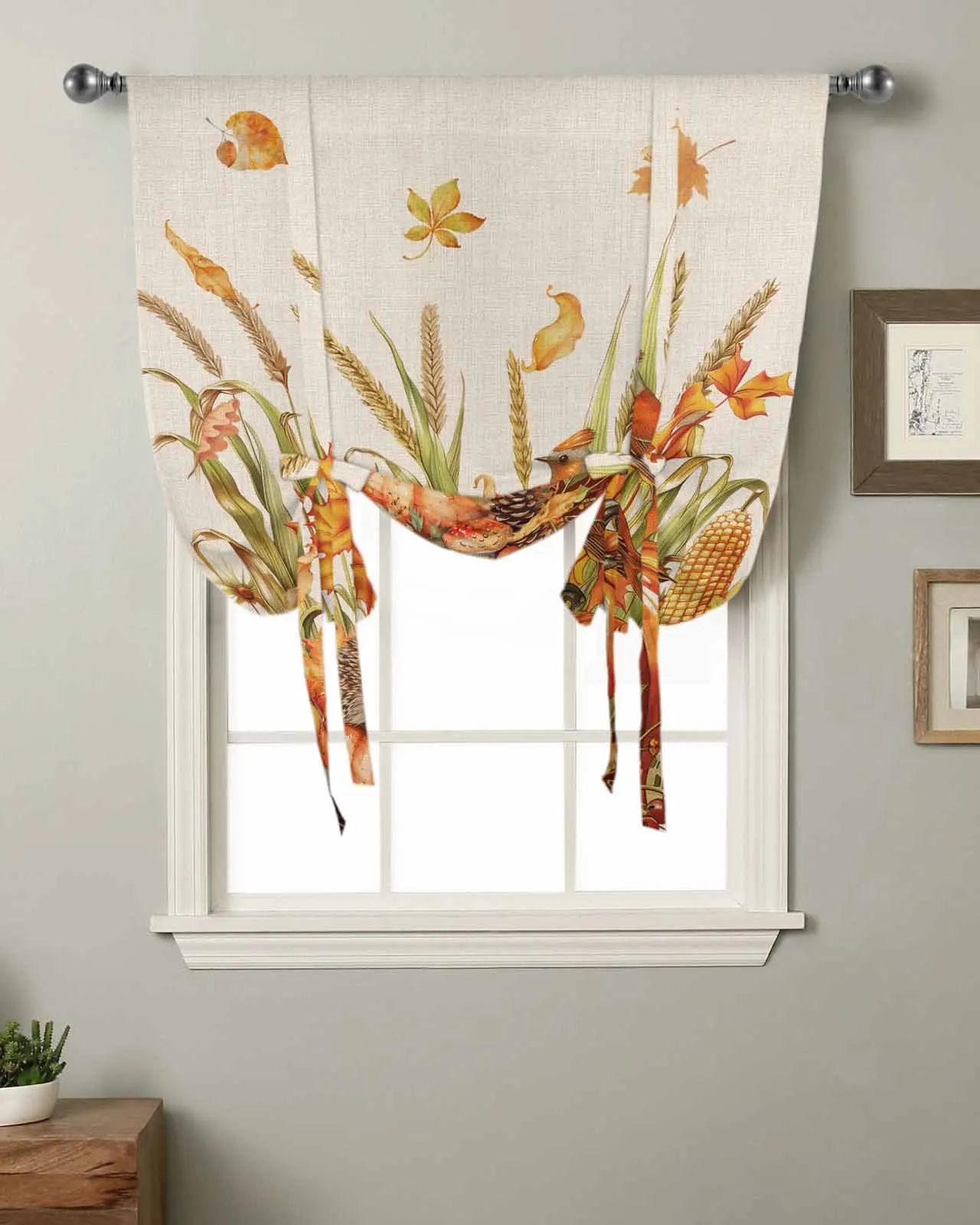 Осенняя занавеска с изображением тыквы пшеницы ушей Ежика оконная для гостиной