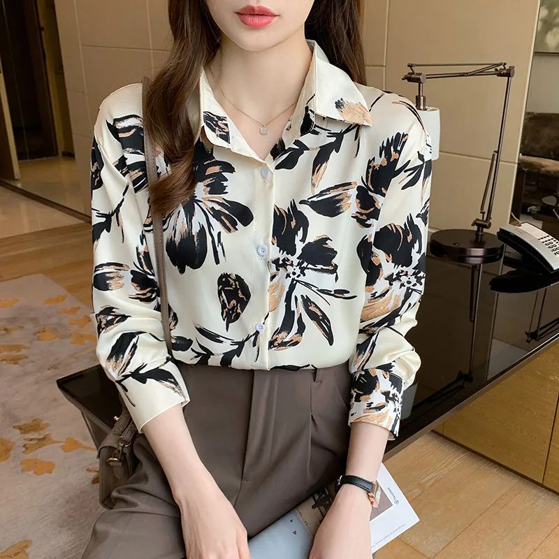 

Elegant Blouses for Women Print Loose Woman Clothing Long Sleeved Blouse Wash Flower Women Shirt OL Autumn Chiffon Womens Tops