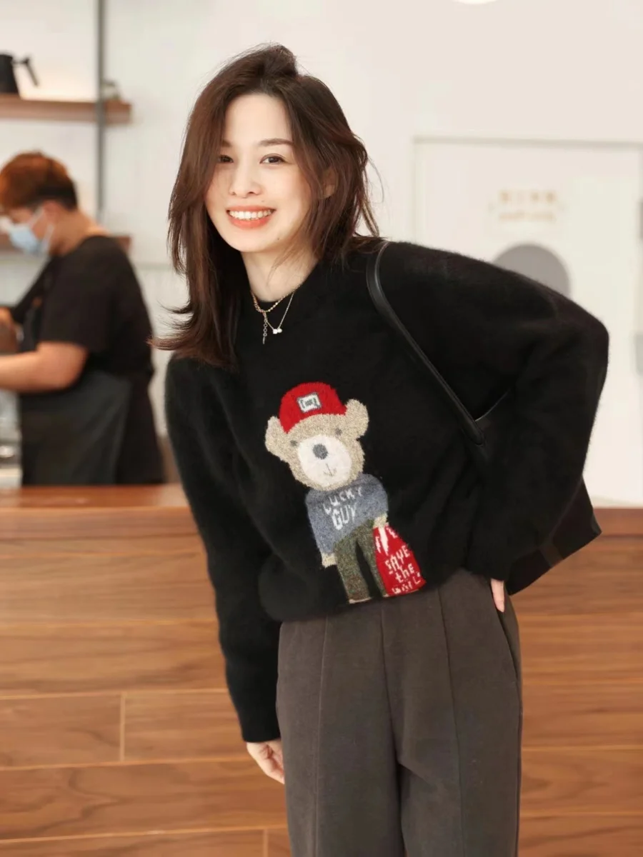 Толстый жаккардовый свитер из чистого кашемира с круглым вырезом осенне-зимний