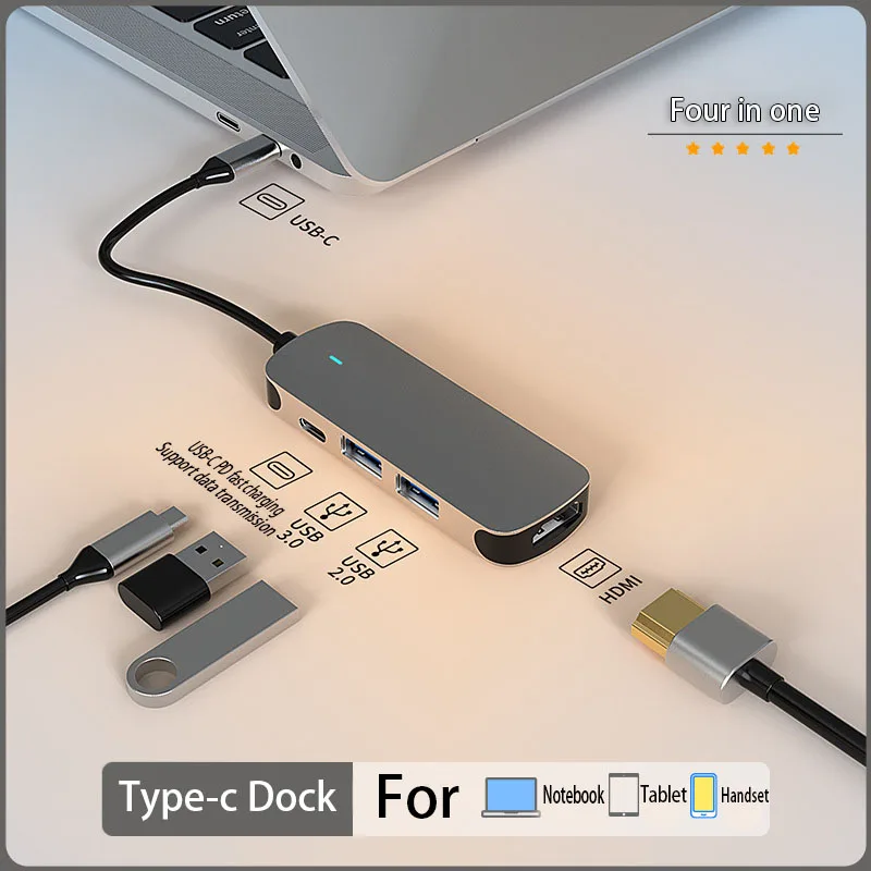 

4 In 1 USB C Hub Type C USB2.0 3.0 4K HD Adapter with RJ45 SD TF Card Reader PD Fast Charge for MacBook Notebook Laptop Computer