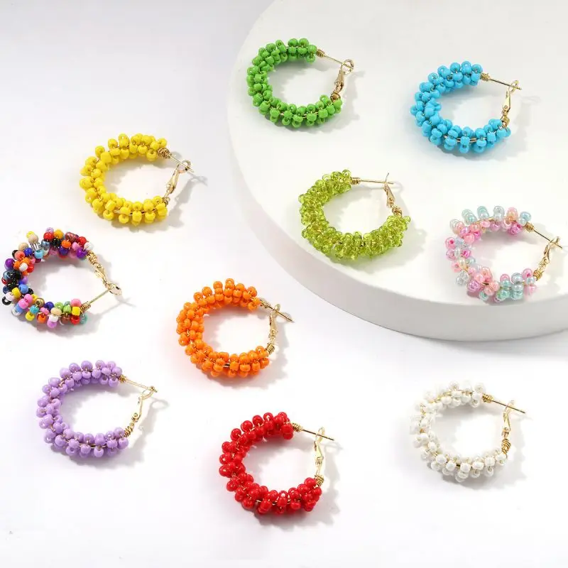 Colorful Boho Beaded Hoop Earring Fashion Summer Small Circle Ring Earring Simple Beads Hoops Women Statement Jewelry Wholesale