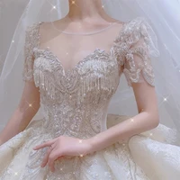 vintage shiny wedding dresses sequined short sleeve detachable collar tassel beading ruffle woman bridal gowns long train 2022