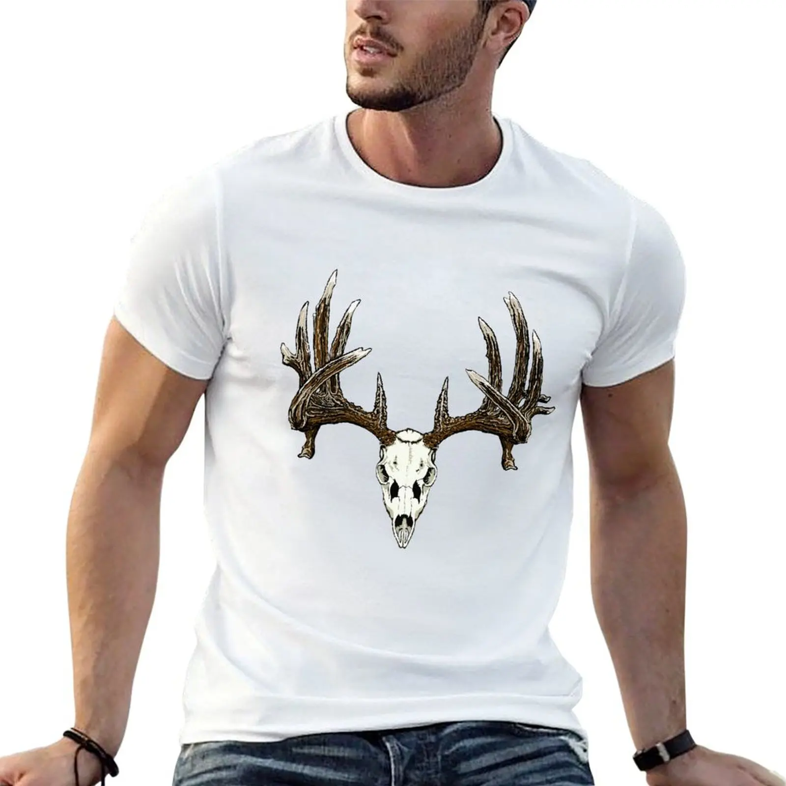 Фото Футболка с изображением черепа оленя Whitetail, мужские футболки, белая футболка для мужчин, 100% хлопок, мужские хлопковые футболки, 100% хлопковая футболка №1