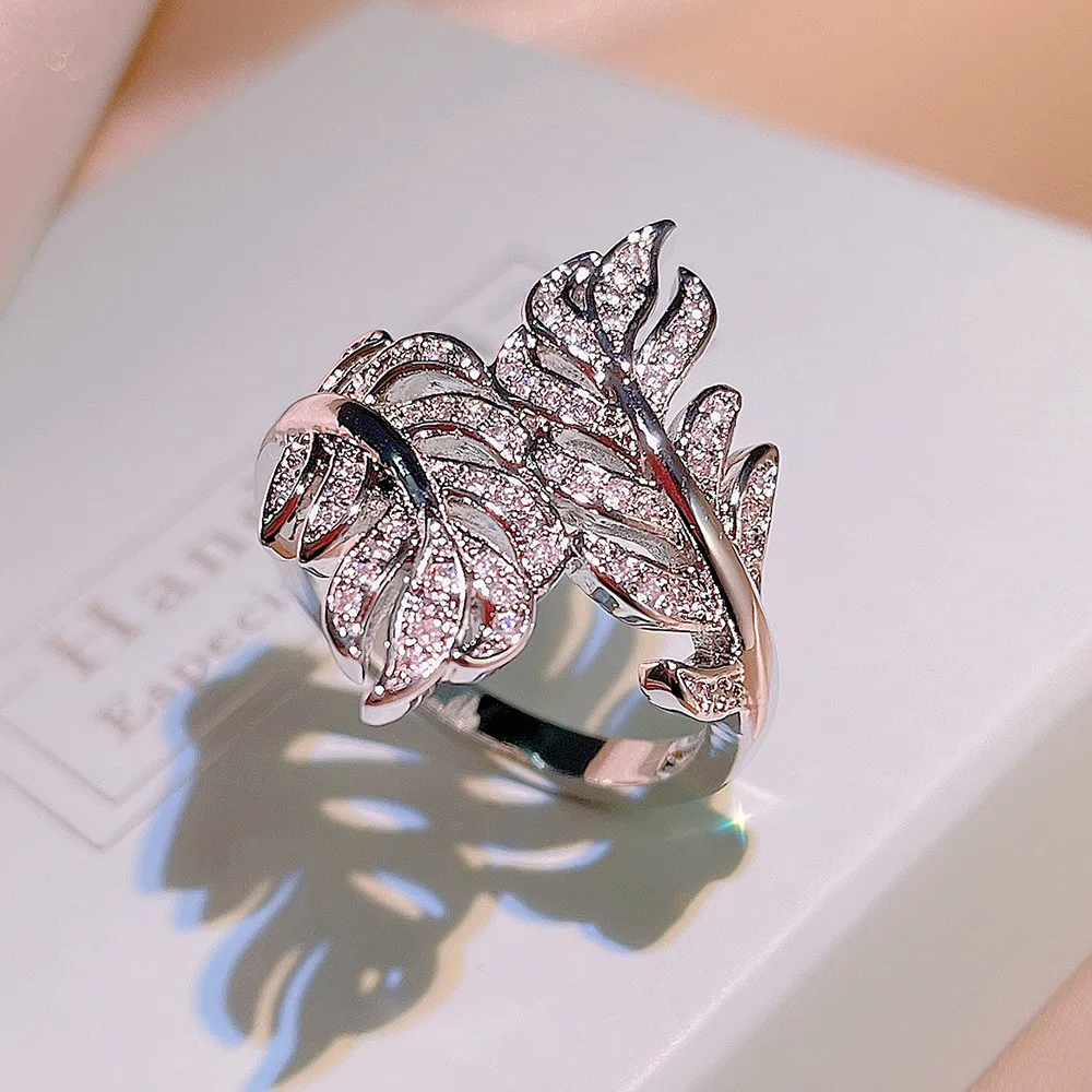 

Graceful Leaves Both End Ring Silver Color Girl Cocktail Party Rings Shine Crystal Zircon Fashion Women Jewelry Fine Jewelry