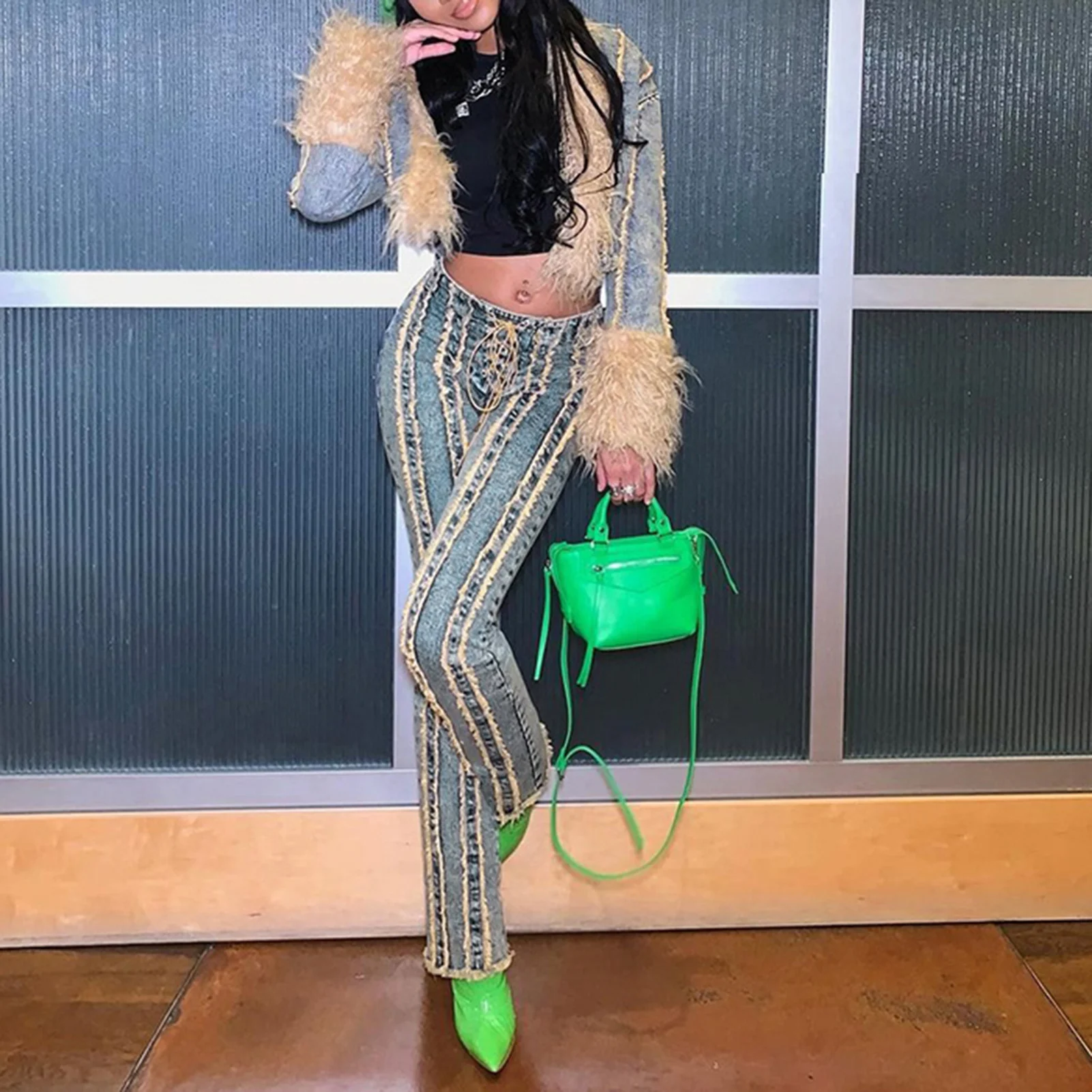 

Женские прямые брюки в винтажном стиле Harajuku, одежда с высокой талией, состаренные пушистые брюки, одежда, синяя уличная одежда