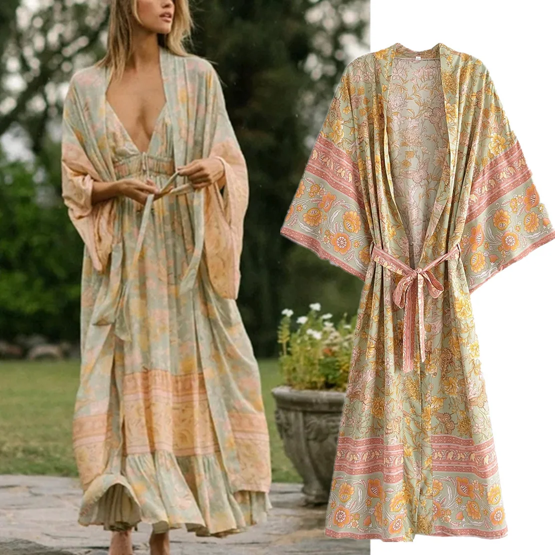 

Maxdutti Indie Folk Bohemian Style Floral Jackets Print Batwing Sleeve Loose Cardigan Kimono Long Jackets Women
