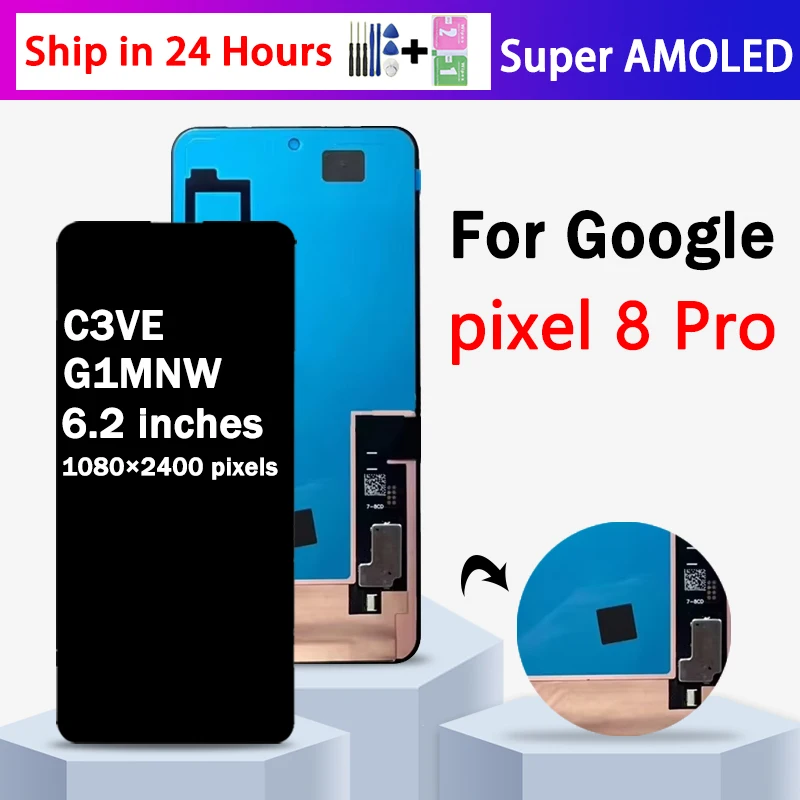 Фото Качество OLED для Google Pixel 8 Pro, ЖК-дисплей, сенсорный экран, дигитайзер, панель в сборе, GC3VE G1MNW, дисплей с рамкой №1