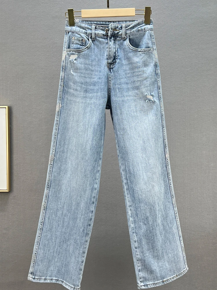 Women's Wide-Leg Jeans 2022 New Spring High Waist Loose Hot Rhinestone Mop Pants Office Lady Denim Trousers Girls Jean Pants