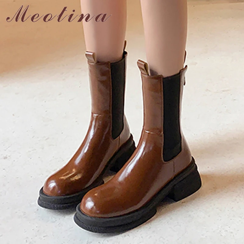 

Meotina Women Genuine Leather Chelsea Ankle Boots Round Toe Platform Thick Mid Heel Lady Fashion Short Boot Autumn Winter Shoes