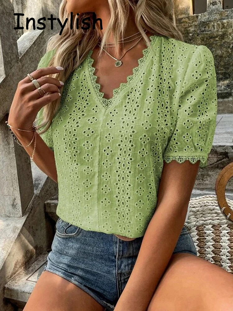 

Women Sexy Hollow Out Lace Blouse Shirt Elegant Short Puff Sleeve V Neck Spliced Tops Elegant Harajuku Office Lady Loose Tunics