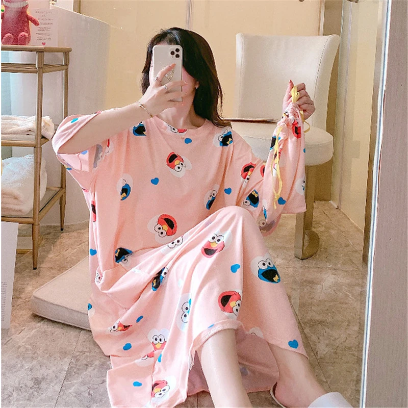 

Ночная рубашка с коротким рукавом в сеточку, распродажа, свободная красная модная летняя мультяшная новая популярная одежда для сна, Женская Повседневная Пижама