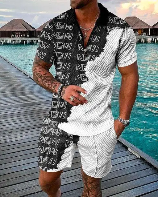 

Men's Tracksuit Solid Color Plaid Suit 2022 Summer Short Sleeve Zipper Polo Shirt&Shorts Set for Men Casual Streetwear 2-piece