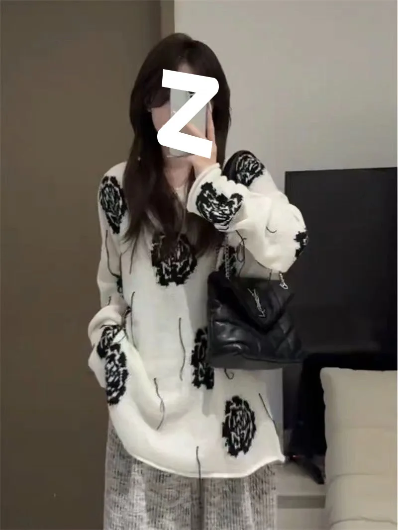 2024 новый винтажный корейский свитер с вышивкой розы для женщин осенний вязаный