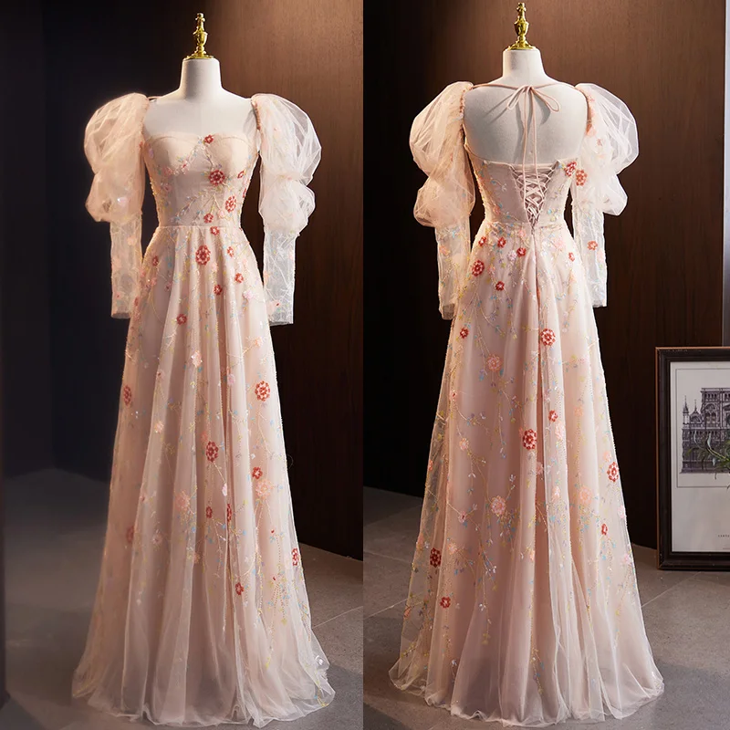 

Evening Dress Strapless Pleat Floor-Length Floral Print Lace Up Full Sleeves Pink Elegant New Party Formal Dresses Woman B2730