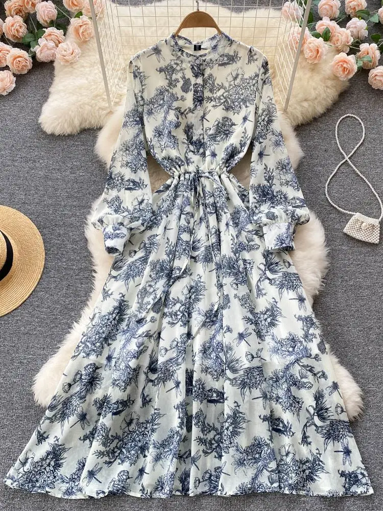 

Merchall Floral Print Cotton Dress For Women Round Neck Long Sleeve Lace Up Slim High Waist Midi Dresses Female Clothing M1844